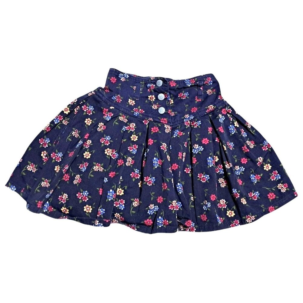 McKids Floral Denim Skirt Girls Size 6 Elastic Waist Dark Blue Cotton Stylish Vi